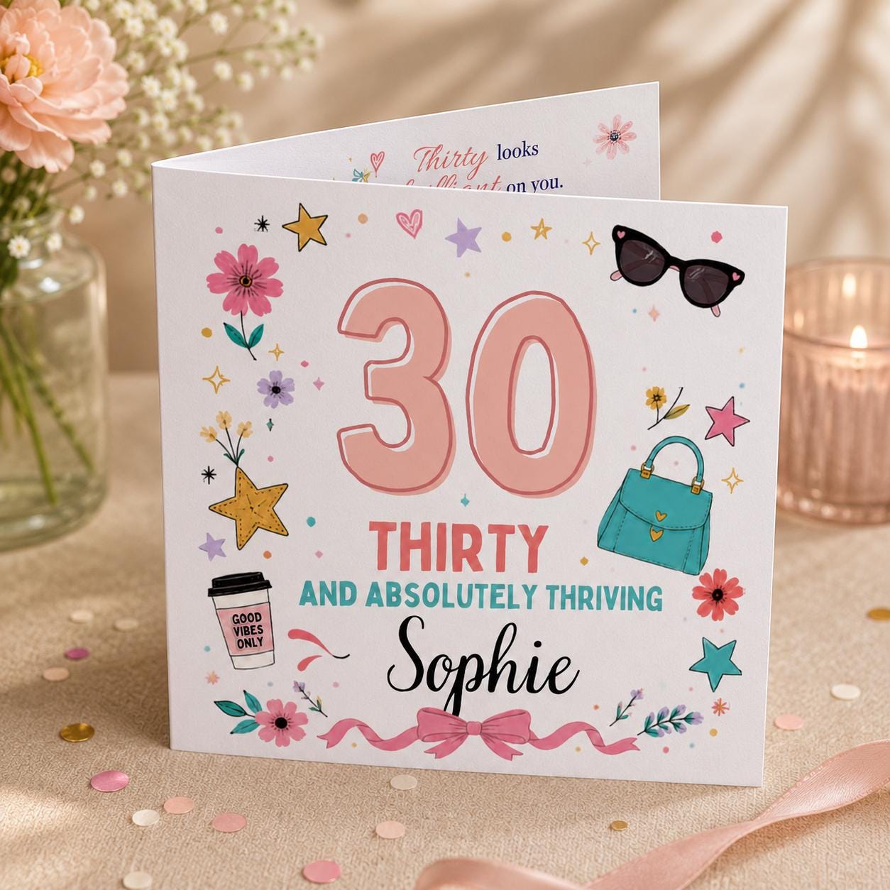30th Birthday Greeting Card for Her, Thirty and Thriving Floral Printable Editable Folded Card Canva Template - Image 6