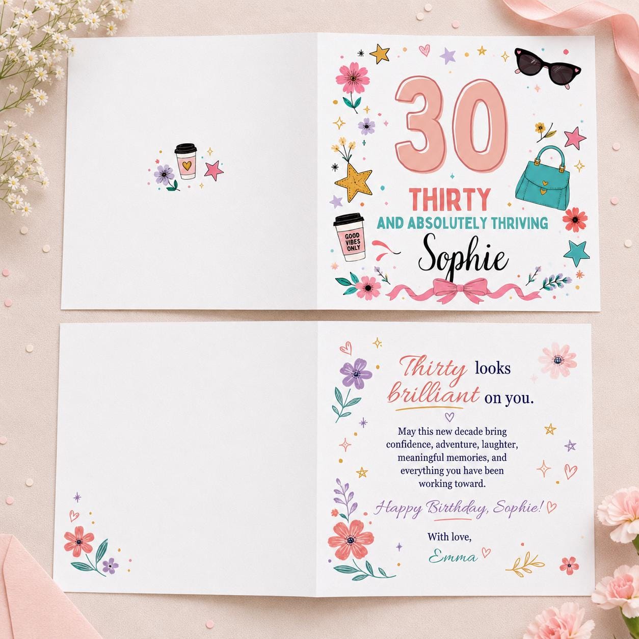 30th Birthday Greeting Card for Her, Thirty and Thriving Floral Printable Editable Folded Card Canva Template - Image 3