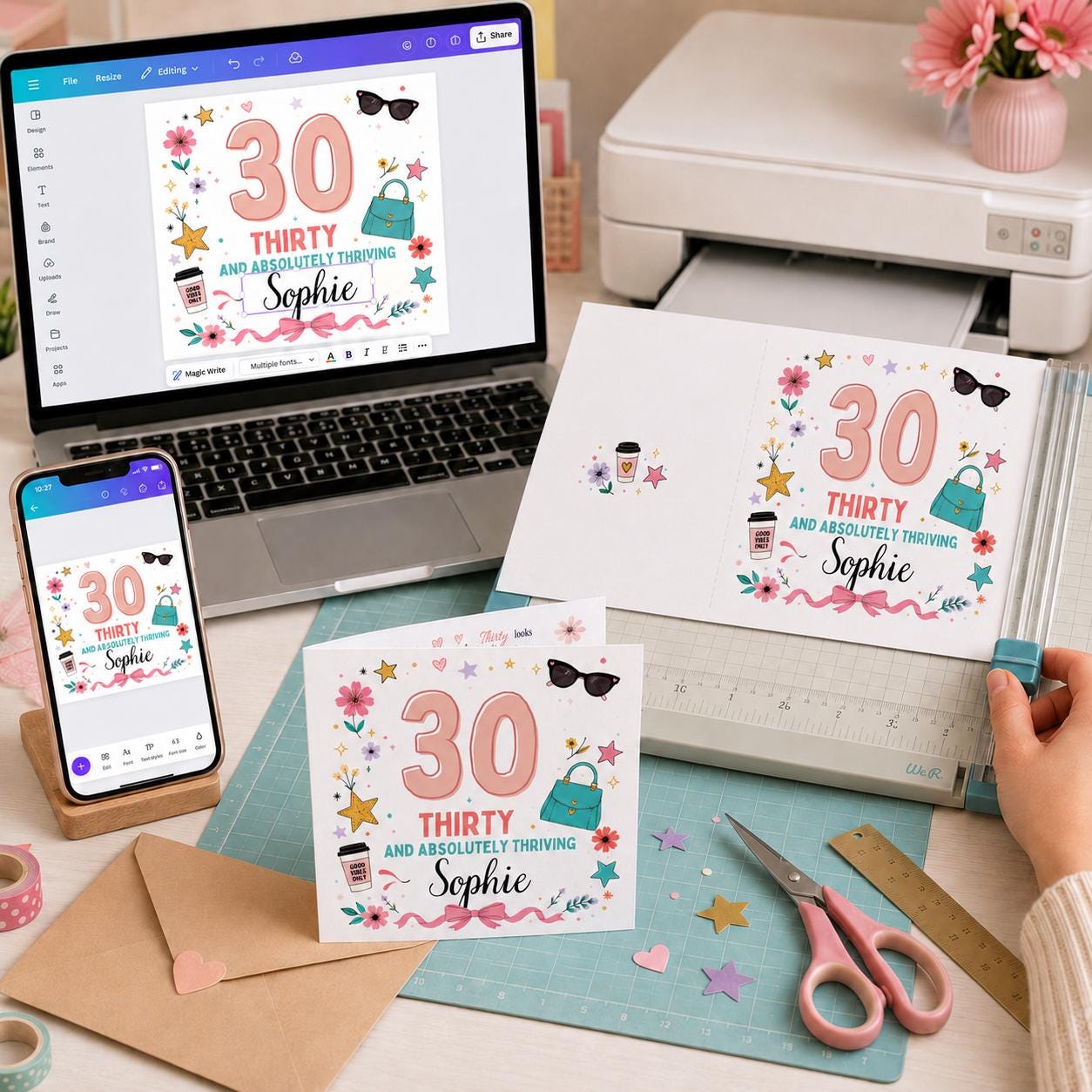 30th Birthday Greeting Card for Her, Thirty and Thriving Floral Printable Editable Folded Card Canva Template - Image 5
