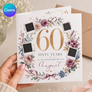 60th Birthday Greeting Card for Her, Floral Photo Collage Printable Editable Folded Card Canva Template