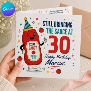 Funny 30th Birthday Greeting Card for Him, Extra Saucy Ketchup Printable Editable Folded Card Canva Template