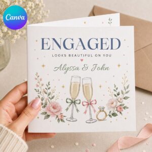 Engagement Greeting Card for Couple, Elegant Floral Champagne Congratulations Printable Editable Folded Card Canva Template