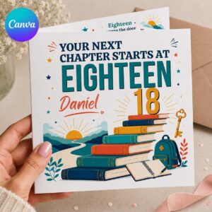 18th Birthday Greeting Card for Teen, New Chapter Books and Key Printable Editable Folded Card Canva Template