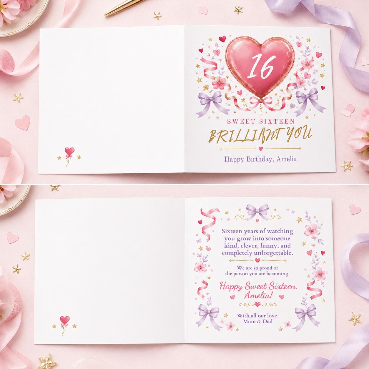 Sweet 16 Birthday Greeting Card for Girl, Pink Balloon Floral Printable Editable Folded Card Canva Template - Image 3