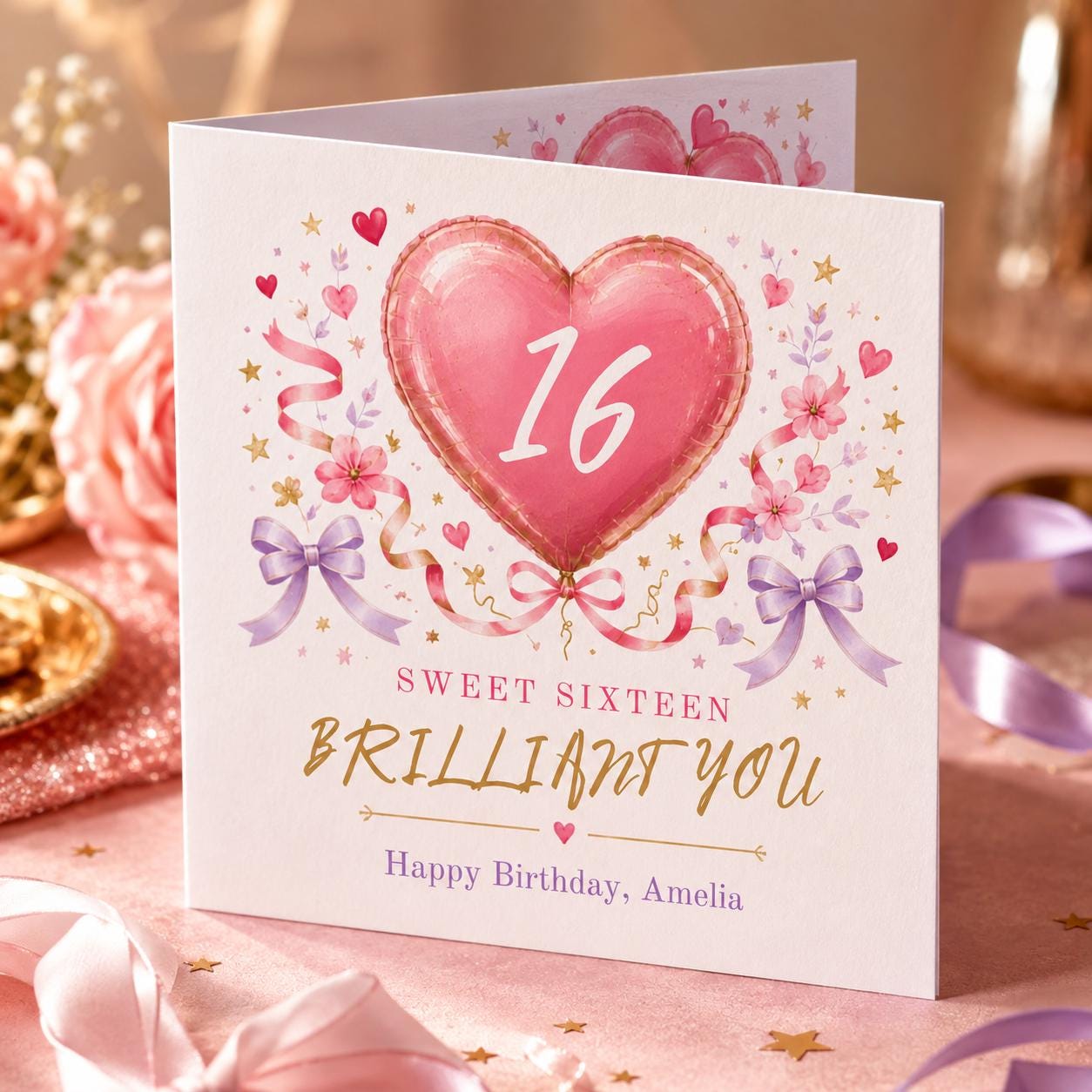 Sweet 16 Birthday Greeting Card for Girl, Pink Balloon Floral Printable Editable Folded Card Canva Template - Image 6