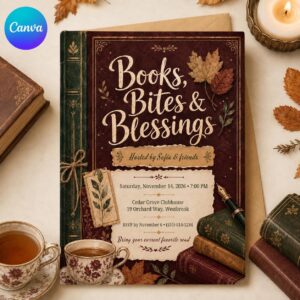 Friendsgiving Book Club Invitation, Books Bites and Blessings Cozy Fall Reading Party Editable Canva Template