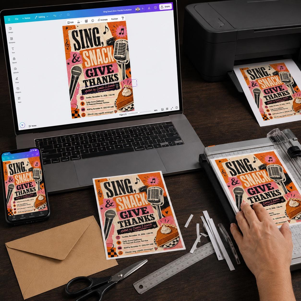 Thanksgiving Karaoke Party Invitation, Sing and Give Thanks Friendsgiving Music Night Editable Canva Template - Image 3