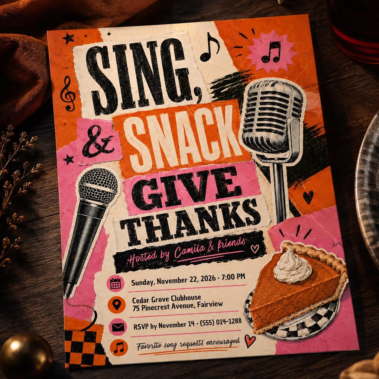 Thanksgiving Karaoke Party Invitation, Sing and Give Thanks Friendsgiving Music Night Editable Canva Template - Image 4