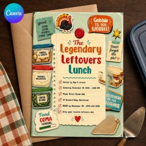 Thanksgiving Leftovers Lunch Invitation, Funny Friendsgiving Potluck Party Editable Canva Template