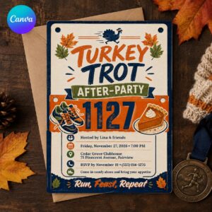 Turkey Trot Invitation, Thanksgiving Run After Party Flyer, Vintage Athletic Event Editable Canva Template