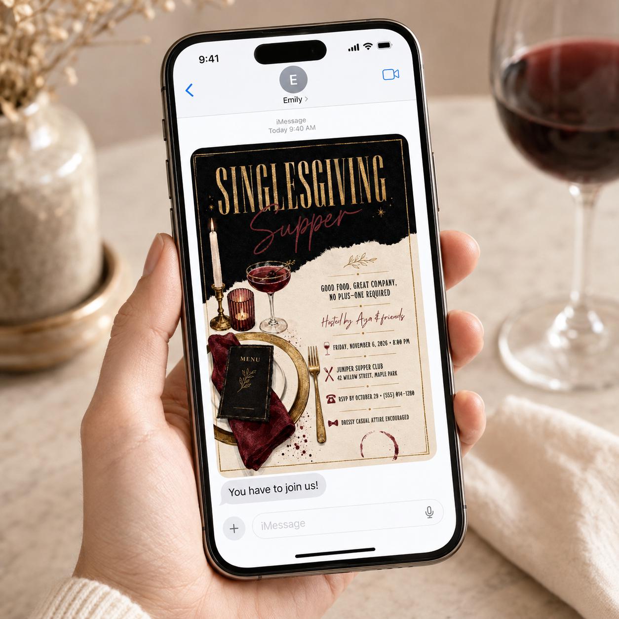 Singlesgiving Dinner Invitation, Friendsgiving Supper for Singles, Black Gold Adult Party Canva Template - Image 6