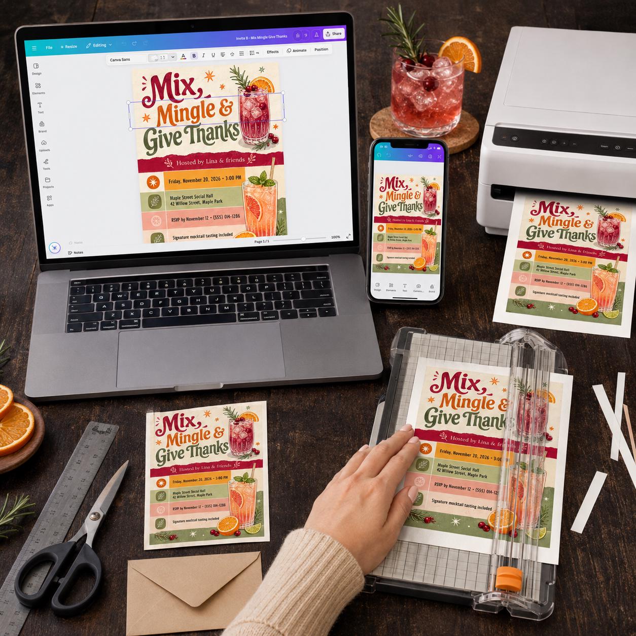 Friendsgiving Cocktail Party Invitation, Thanksgiving Mocktail Tasting, Retro Mix and Mingle Canva Template - Image 4
