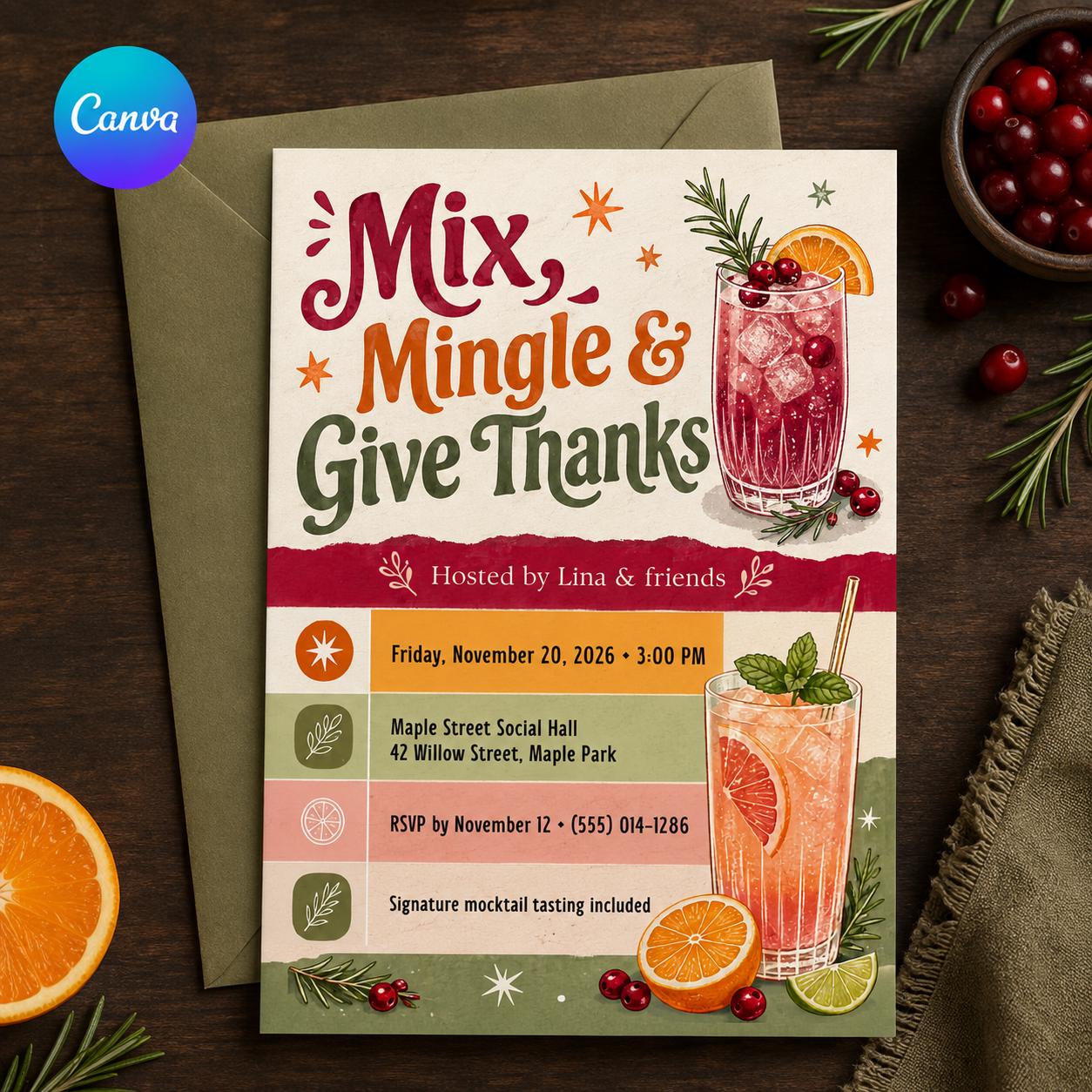 Friendsgiving Cocktail Party Invitation, Thanksgiving Mocktail Tasting, Retro Mix and Mingle Canva Template