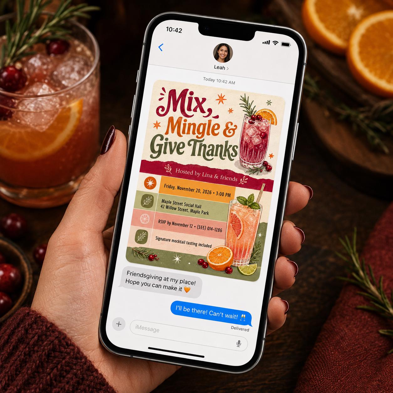 Friendsgiving Cocktail Party Invitation, Thanksgiving Mocktail Tasting, Retro Mix and Mingle Canva Template - Image 5