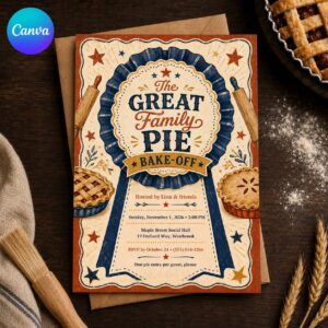 Pie Bake Off Invitation, Thanksgiving Baking Contest, Vintage Family Dessert Party Editable Canva Template