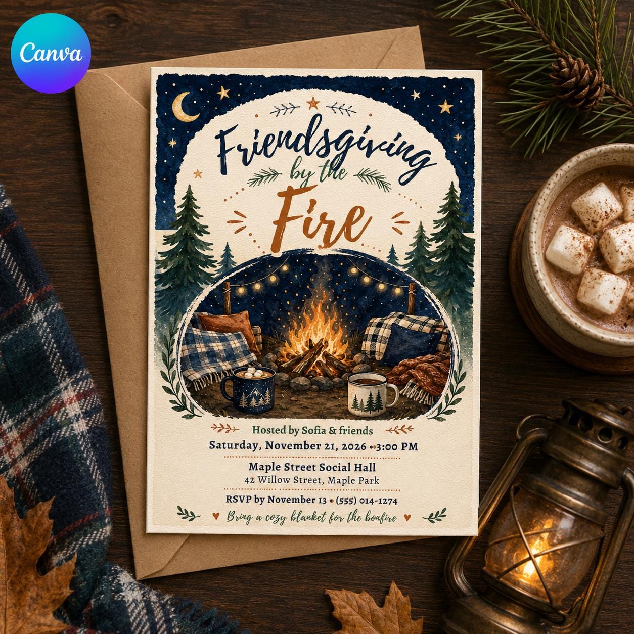 Friendsgiving Invitation, Bonfire Dinner Party by the Fire, Cozy Fall Gathering Editable Canva Template