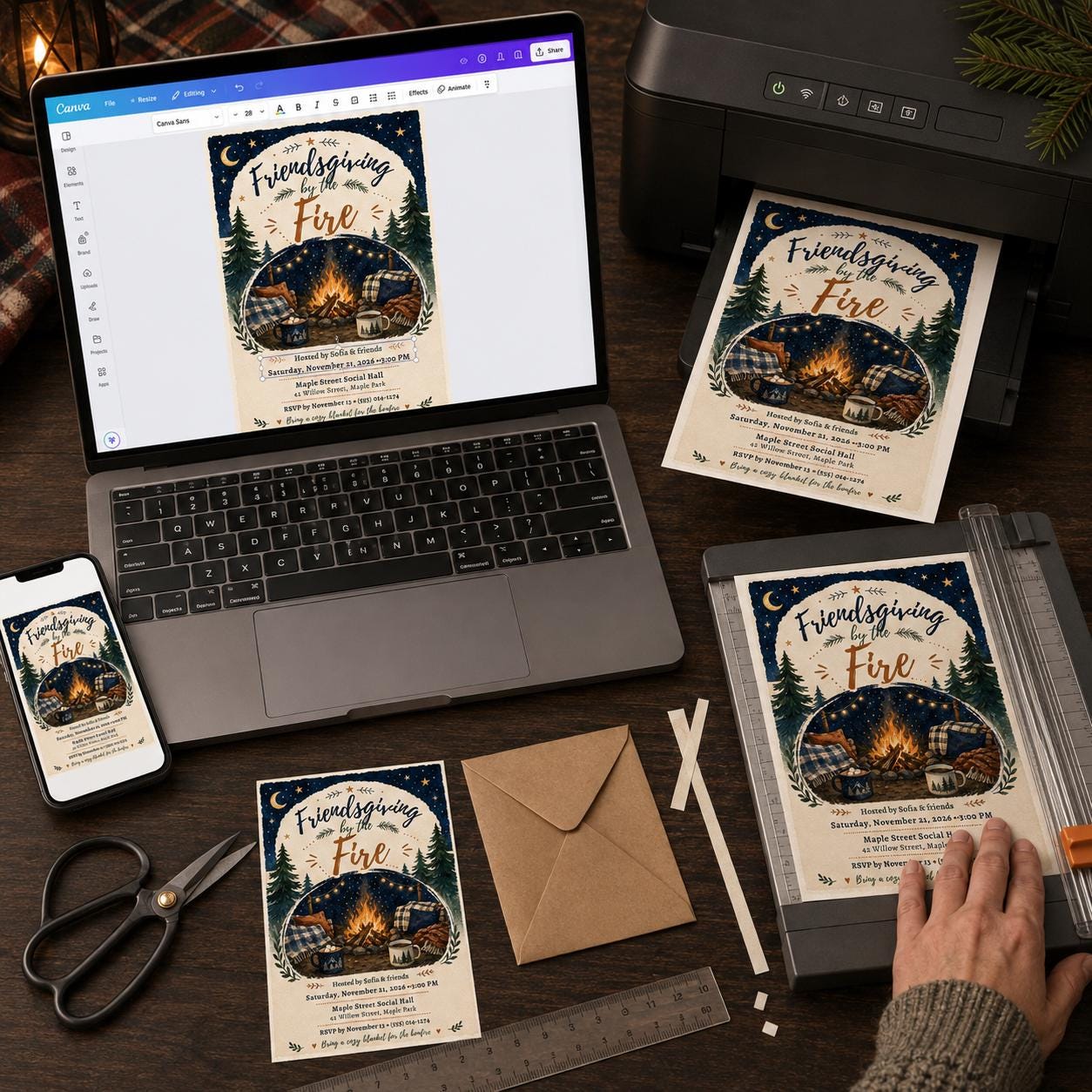 Friendsgiving Invitation, Bonfire Dinner Party by the Fire, Cozy Fall Gathering Editable Canva Template - Image 5