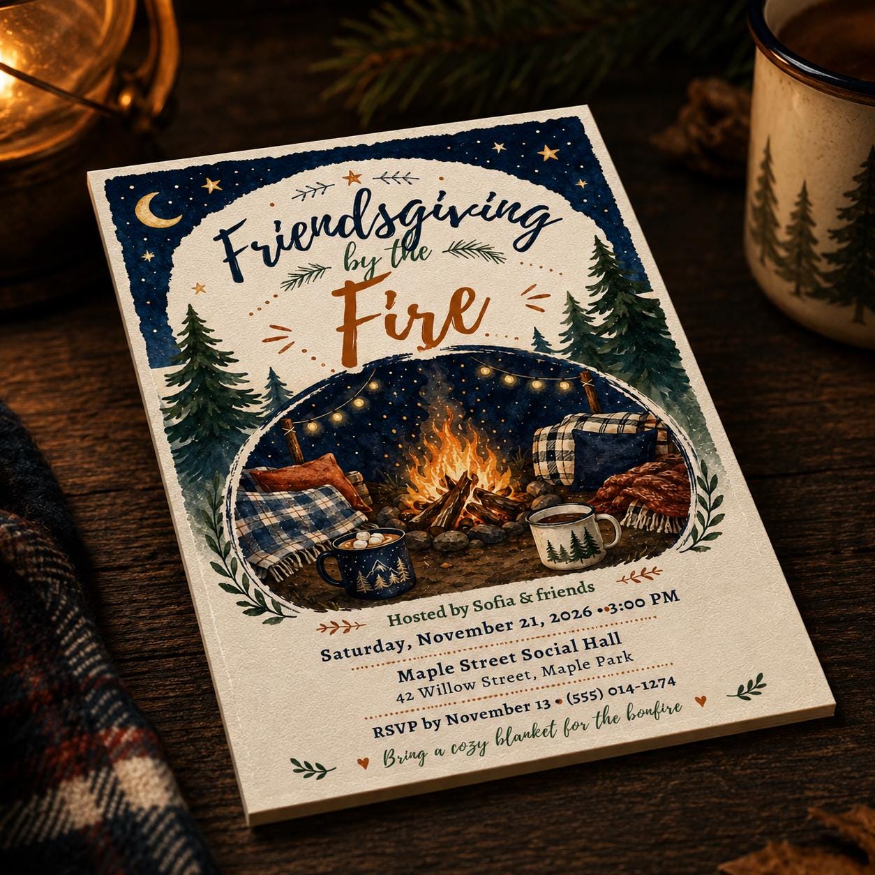 Friendsgiving Invitation, Bonfire Dinner Party by the Fire, Cozy Fall Gathering Editable Canva Template - Image 6