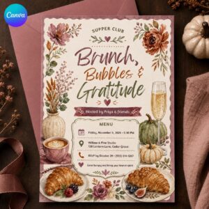 Friendsgiving Brunch Invitation, Brunch Bubbles and Gratitude Fall Supper Club Invite, Editable Canva Template