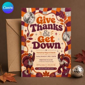 Friendsgiving Disco Party Invitation, Retro 70s Thanksgiving Dinner Invite, Editable Canva Template
