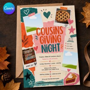 Cousinsgiving Invitation, Thanksgiving Game Night Friendsgiving Party Invite, Editable Canva Template