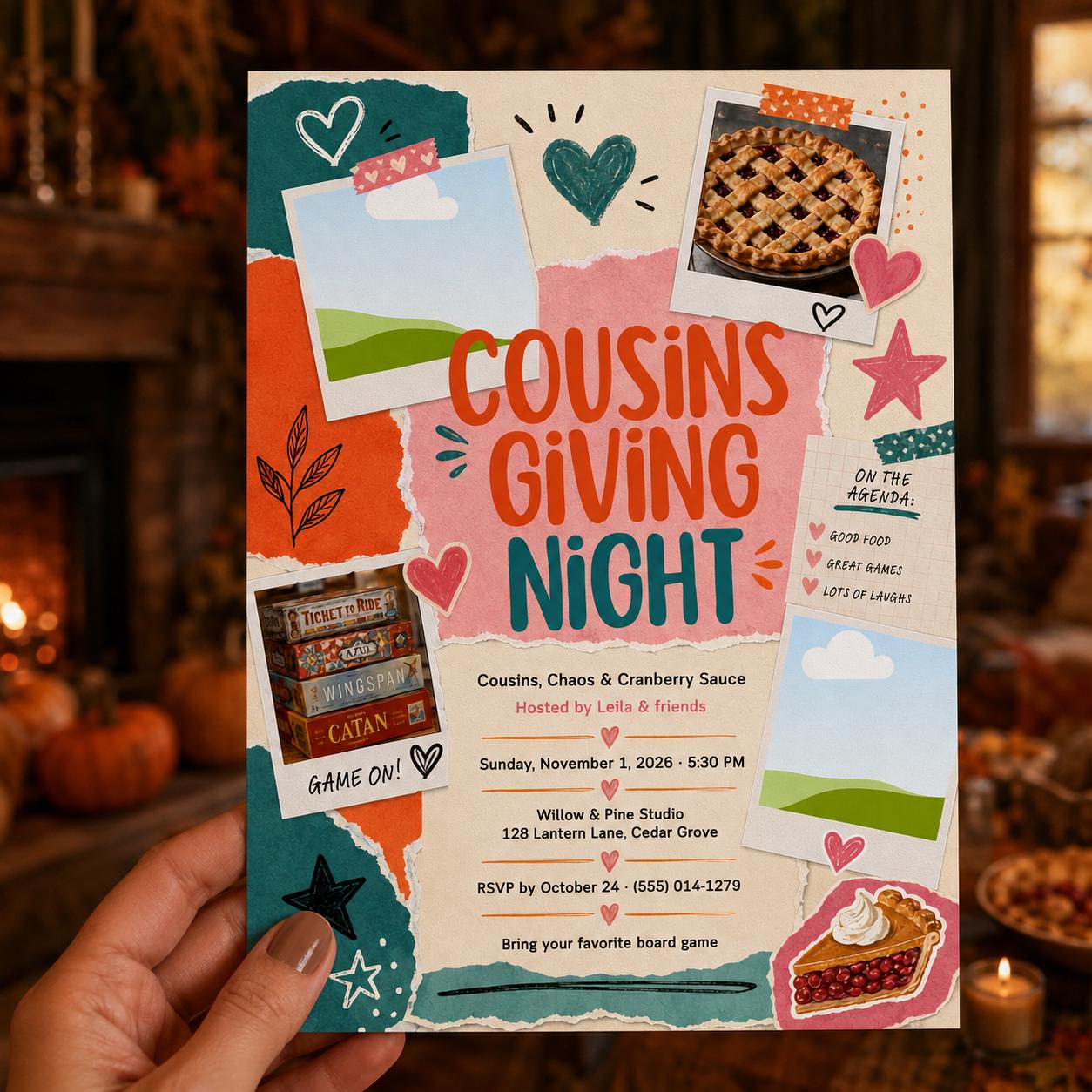 Cousinsgiving Invitation, Thanksgiving Game Night Friendsgiving Party Invite, Editable Canva Template - Image 4