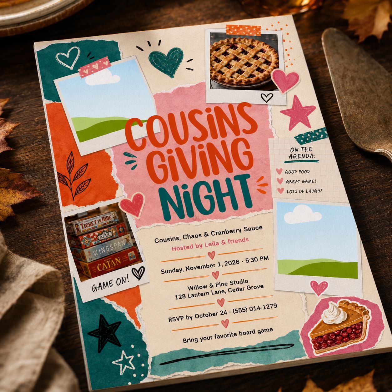 Cousinsgiving Invitation, Thanksgiving Game Night Friendsgiving Party Invite, Editable Canva Template - Image 3