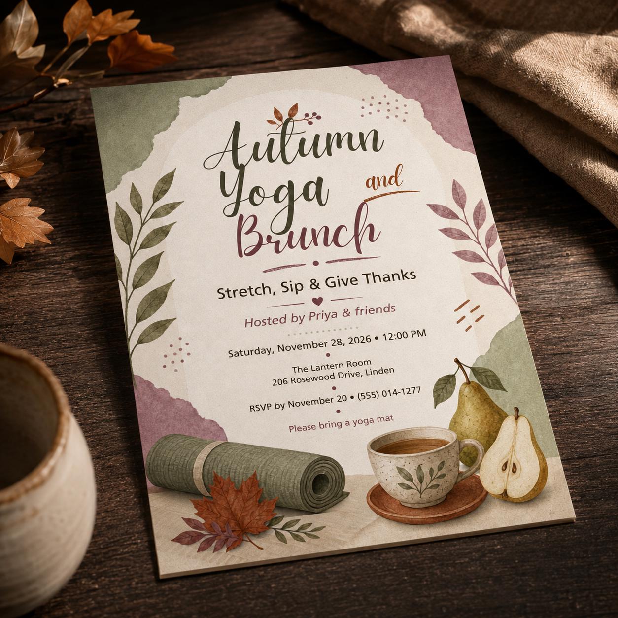 Autumn Yoga Brunch Invitation, Fall Wellness Friendsgiving Gathering Invite, Editable Canva Template - Image 4