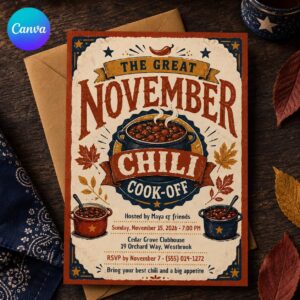 Chili Cook Off Flyer, Fall Food Contest Invitation, Community Potluck Competition Poster, Editable Canva Template