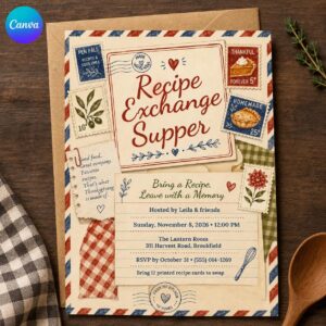 Recipe Exchange Invitation, Thanksgiving Supper Party Invite, Vintage Fall Recipe Swap, Editable Printable Canva Template