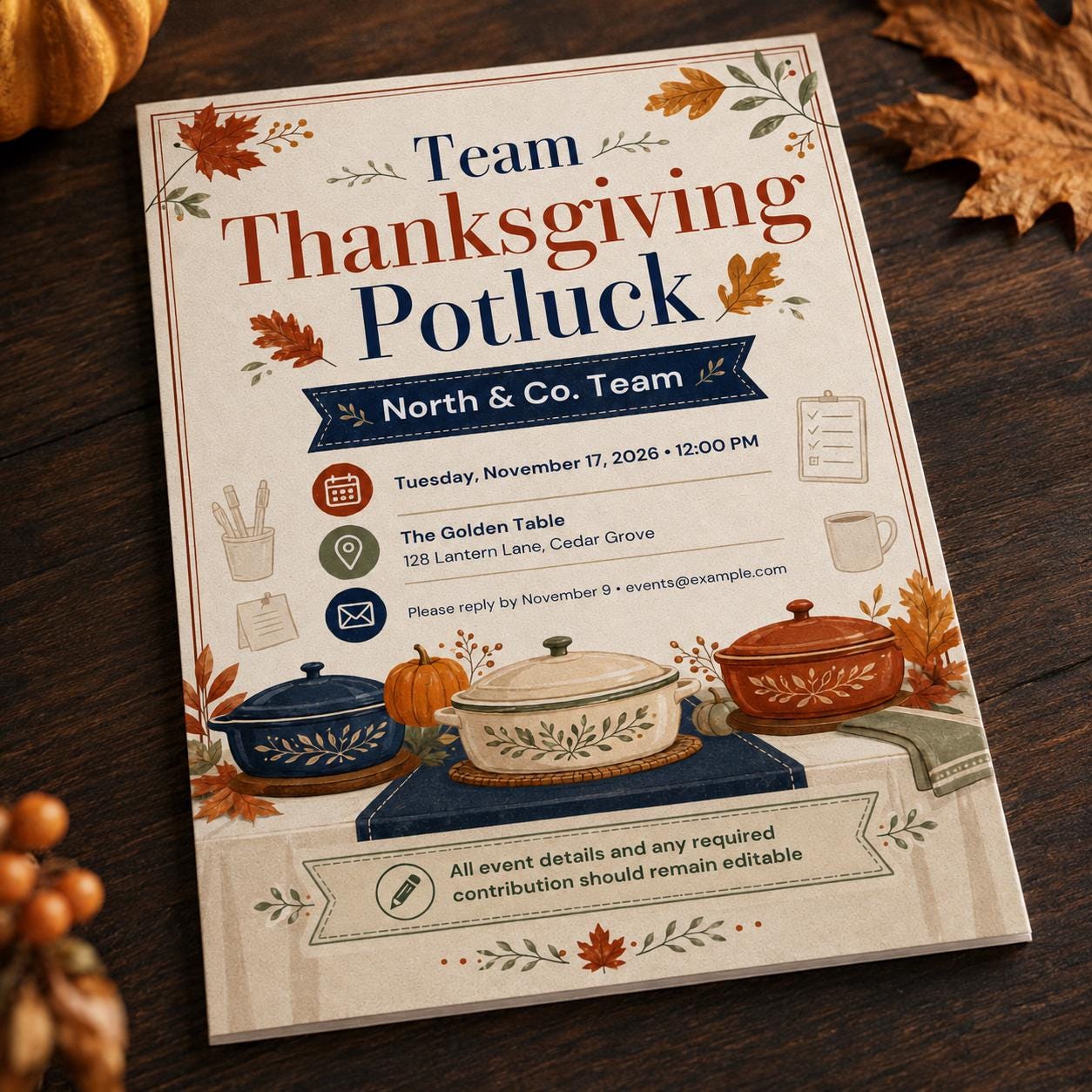 Thanksgiving Potluck Invitation, Editable Office Team Lunch Flyer, Autumn Work Party Invite, Printable Canva Template - Image 3