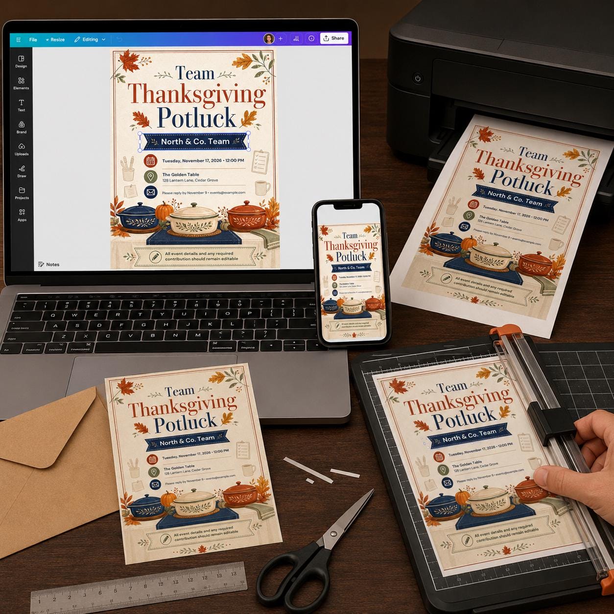 Thanksgiving Potluck Invitation, Editable Office Team Lunch Flyer, Autumn Work Party Invite, Printable Canva Template - Image 5