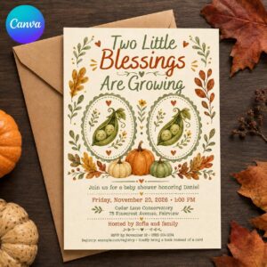 Twin Baby Shower Invitation, Two Little Blessings Peas in a Pod Fall Pumpkin Theme, Gender Neutral Canva Template