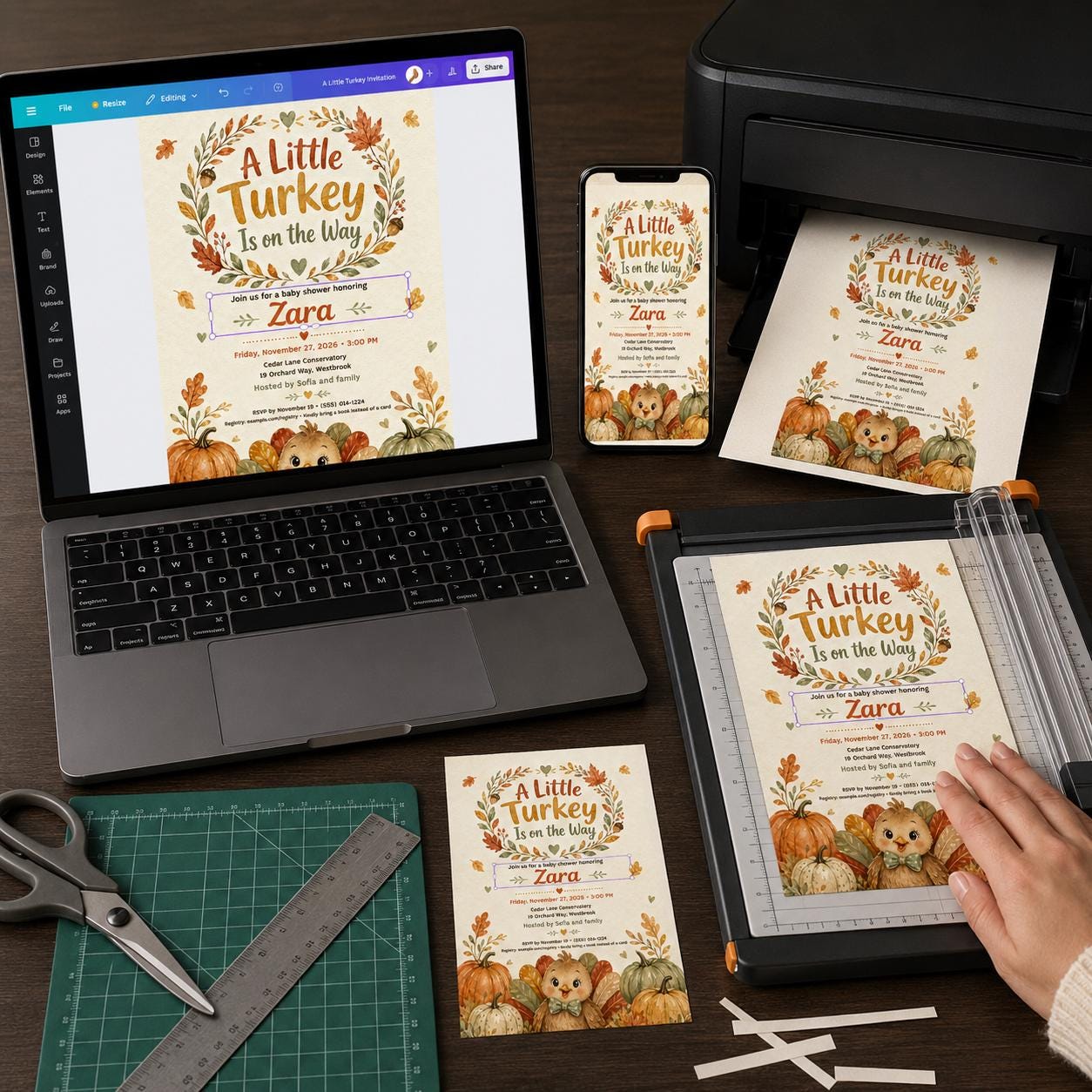 Little Turkey Baby Shower Invitation, Thanksgiving Fall Pumpkin Theme, Gender Neutral Editable Printable Canva Template - Image 3