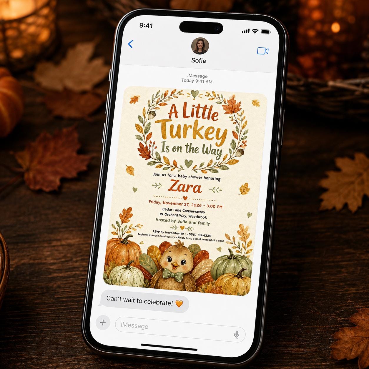 Little Turkey Baby Shower Invitation, Thanksgiving Fall Pumpkin Theme, Gender Neutral Editable Printable Canva Template - Image 6