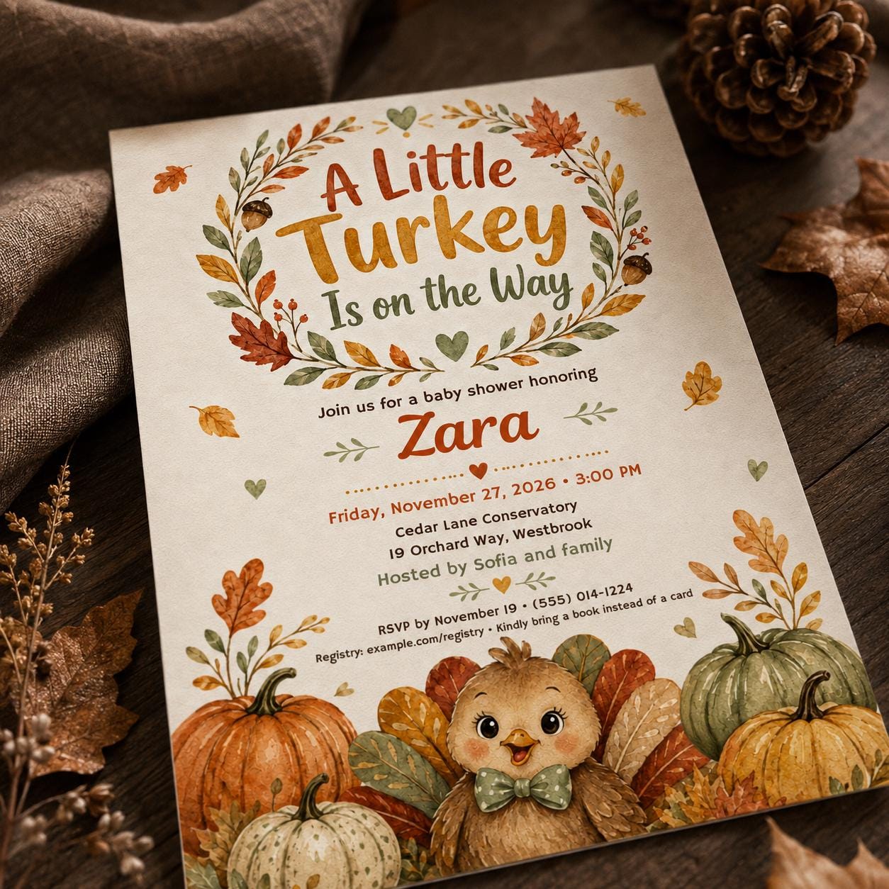 Little Turkey Baby Shower Invitation, Thanksgiving Fall Pumpkin Theme, Gender Neutral Editable Printable Canva Template - Image 4