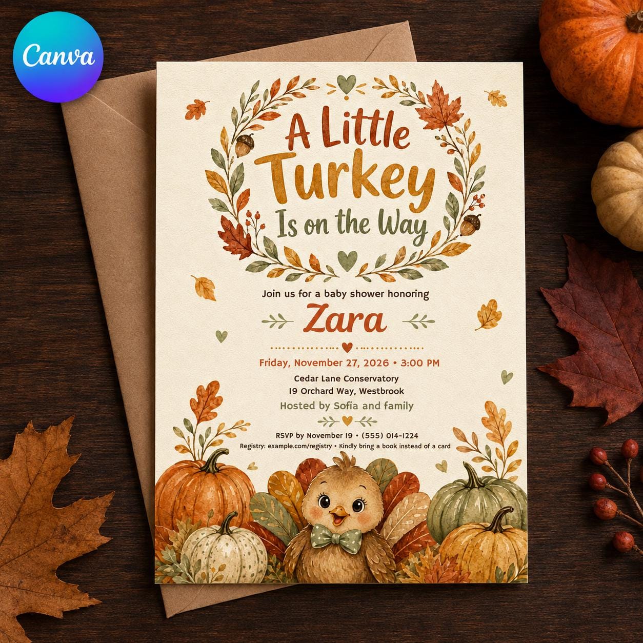 Little Turkey Baby Shower Invitation, Thanksgiving Fall Pumpkin Theme, Gender Neutral Editable Printable Canva Template