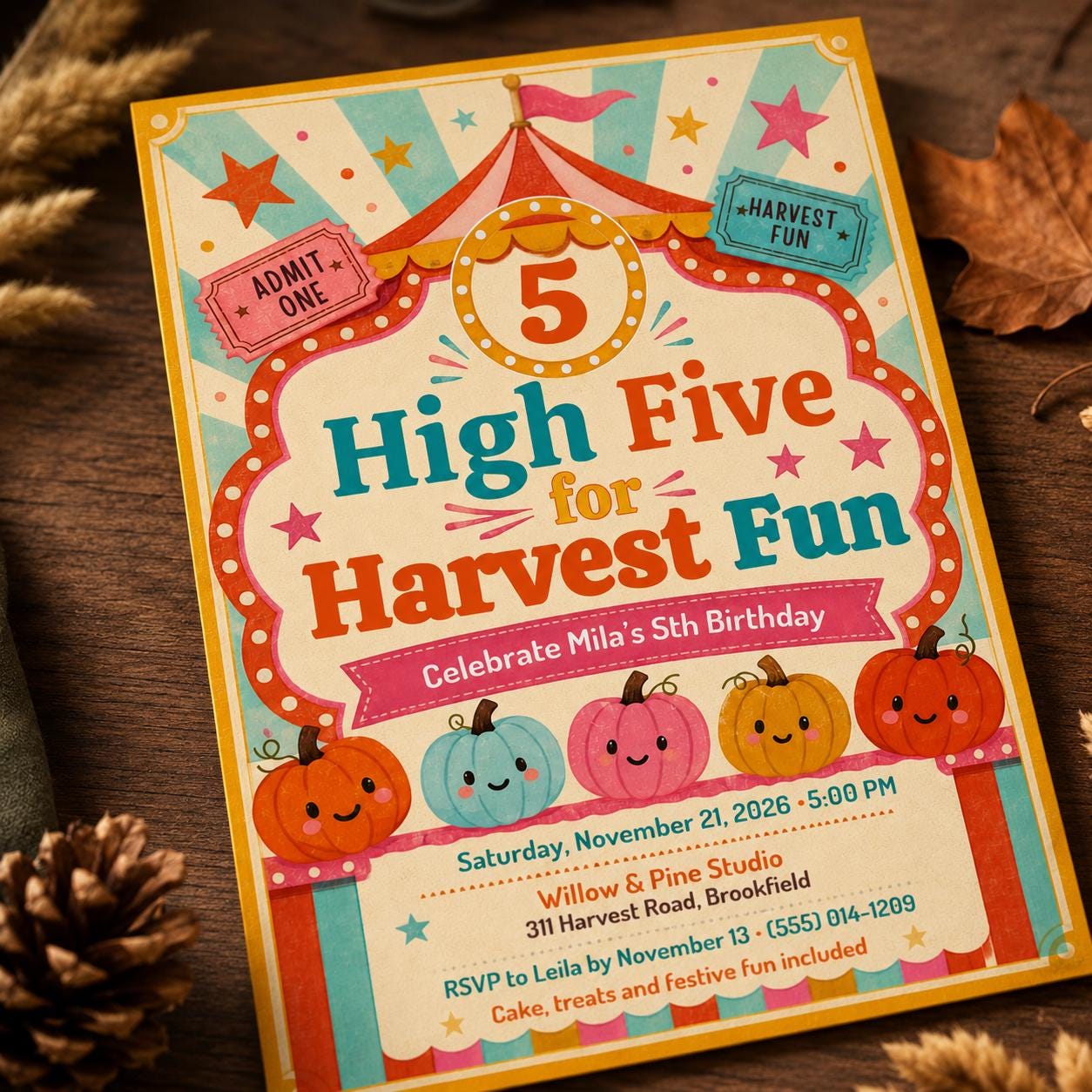 Pumpkin 5th Birthday Invitation, High Five Harvest Carnival Party, Autumn Kids Editable Printable Canva Template - Image 3