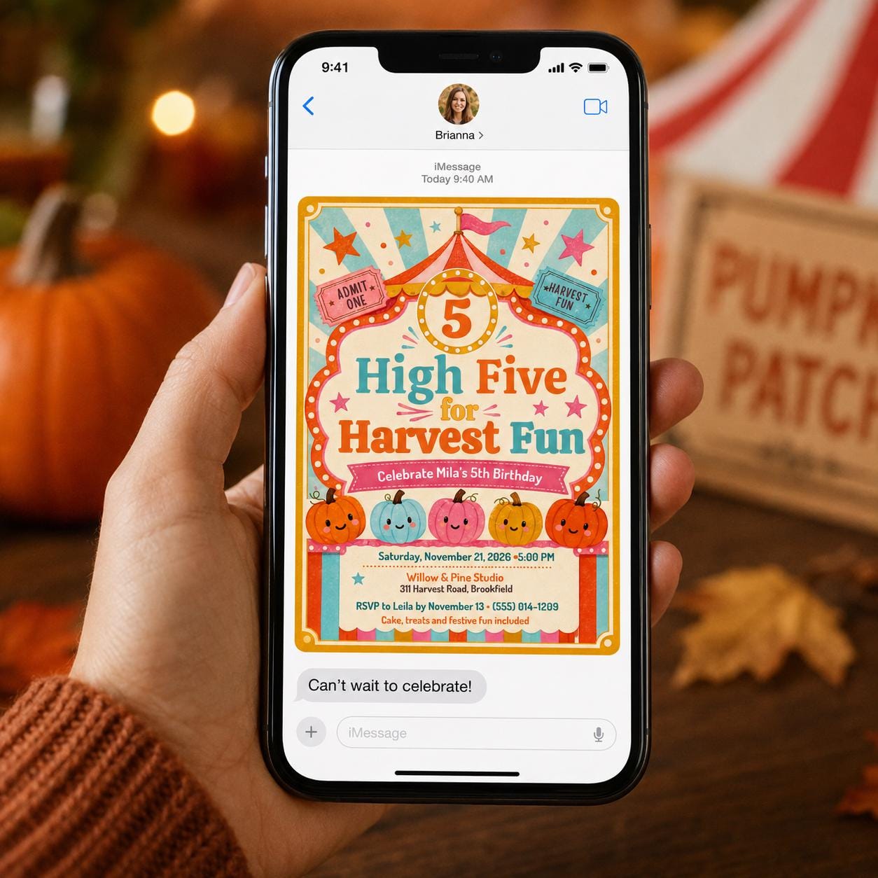 Pumpkin 5th Birthday Invitation, High Five Harvest Carnival Party, Autumn Kids Editable Printable Canva Template - Image 6