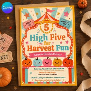 Pumpkin 5th Birthday Invitation, High Five Harvest Carnival Party, Autumn Kids Editable Printable Canva Template