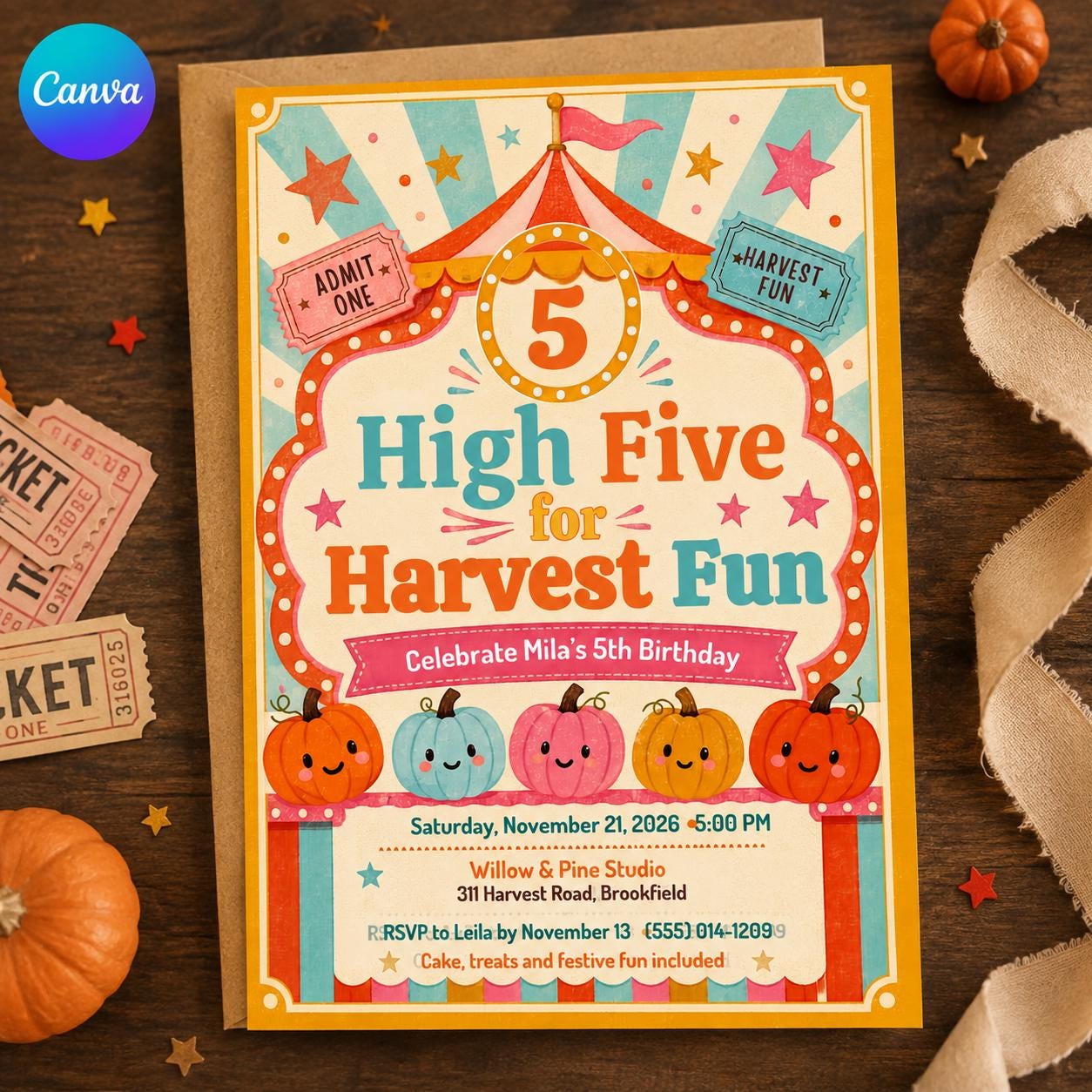 Pumpkin 5th Birthday Invitation, High Five Harvest Carnival Party, Autumn Kids Editable Printable Canva Template