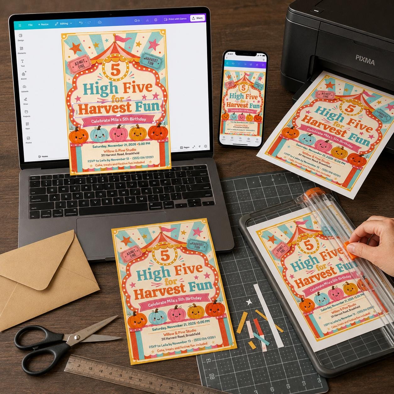 Pumpkin 5th Birthday Invitation, High Five Harvest Carnival Party, Autumn Kids Editable Printable Canva Template - Image 4