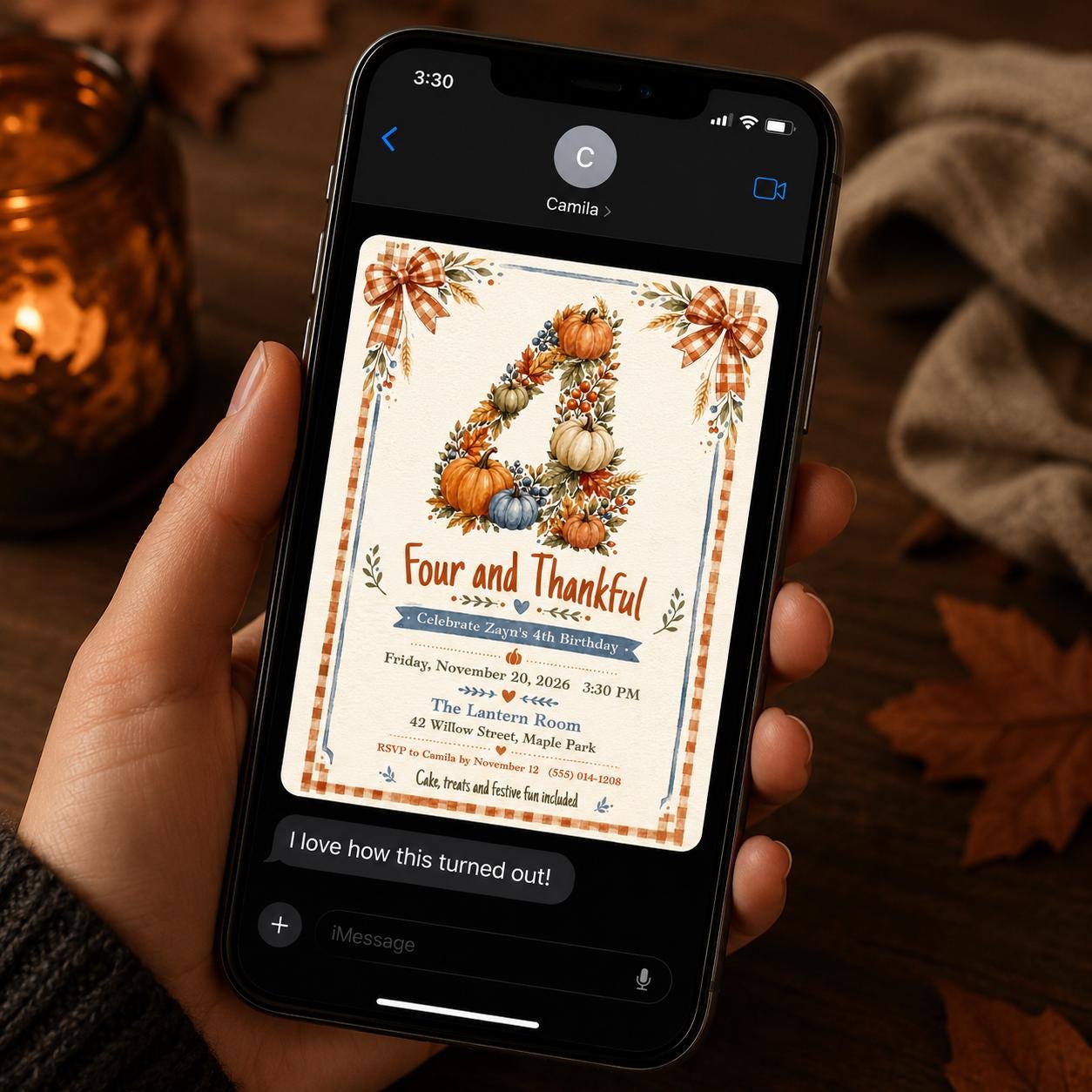 Thanksgiving 4th Birthday Invitation, Four and Thankful Pumpkin Party, Autumn Kids Editable Printable Canva Template - Image 6
