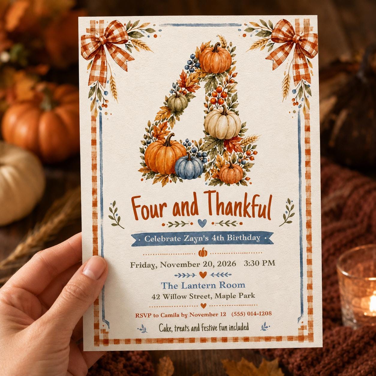 Thanksgiving 4th Birthday Invitation, Four and Thankful Pumpkin Party, Autumn Kids Editable Printable Canva Template - Image 4