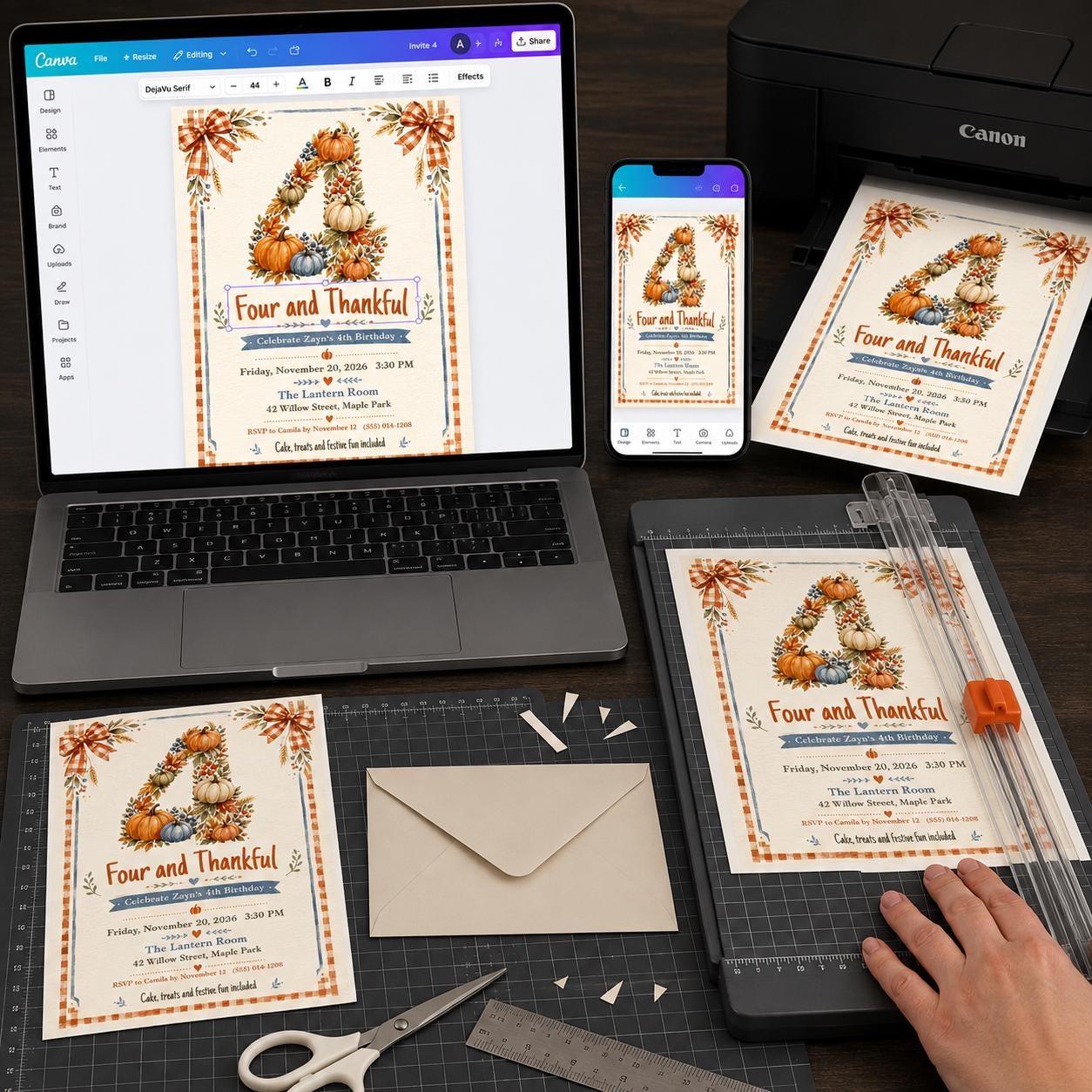 Thanksgiving 4th Birthday Invitation, Four and Thankful Pumpkin Party, Autumn Kids Editable Printable Canva Template - Image 5