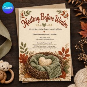 Nesting Before Winter Baby Shower Invitation, Cozy Knit Fall Gender Neutral Invite, Editable Canva Template