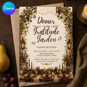 Thanksgiving Dinner Invitation, Gratitude Garden Fall Supper, Elegant Outdoor Friendsgiving Canva Template
