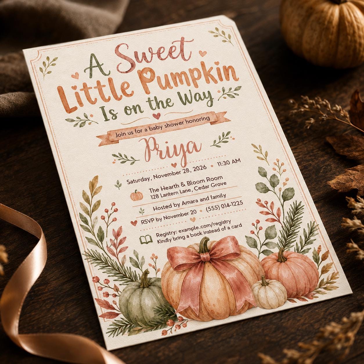 Little Pumpkin Baby Shower Invitation, Pink Bow Fall Girl Shower Invite, Sweet Pumpkin Editable Canva Template - Image 3