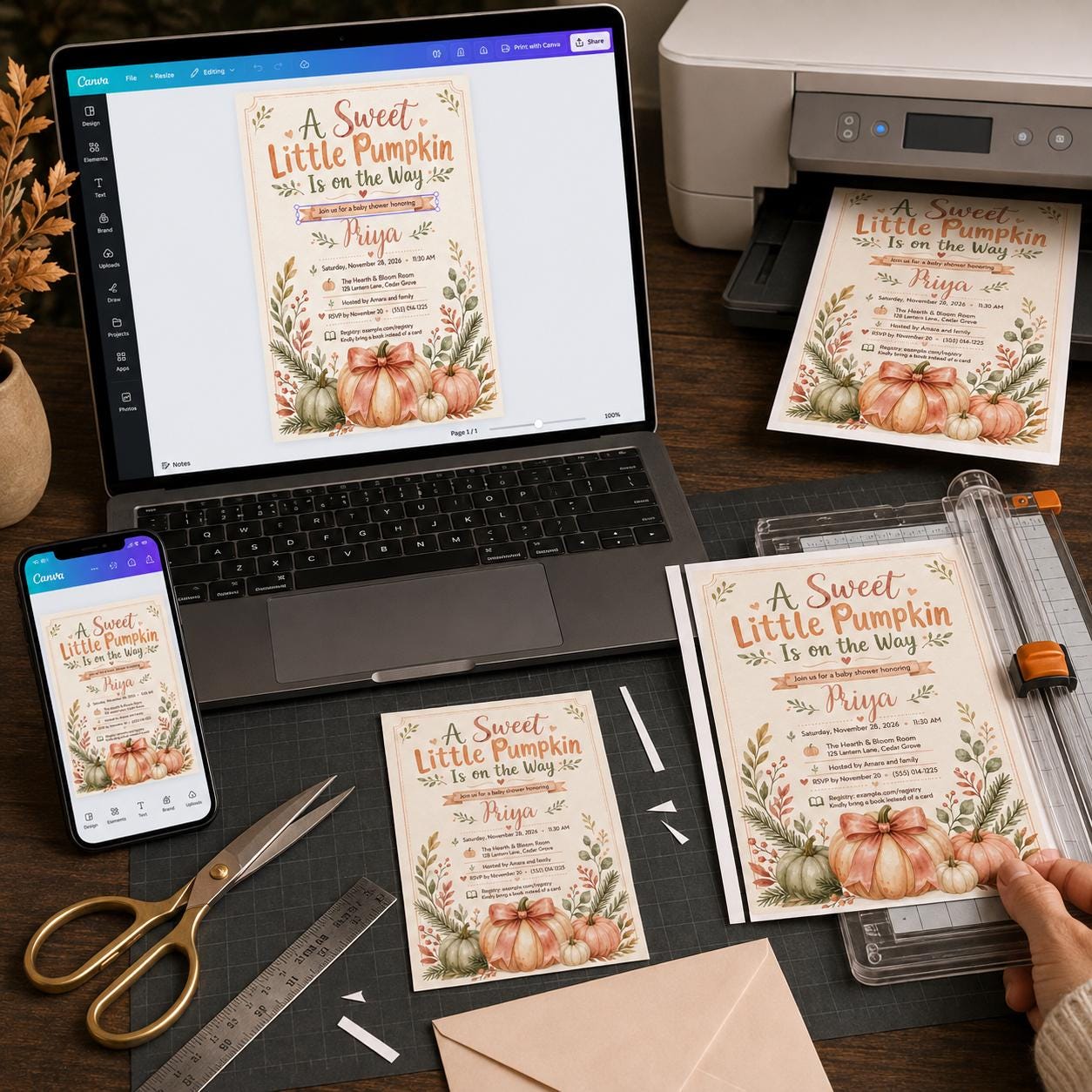 Little Pumpkin Baby Shower Invitation, Pink Bow Fall Girl Shower Invite, Sweet Pumpkin Editable Canva Template - Image 6