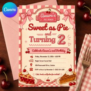 Sweet as Pie 2nd Birthday Invitation, Pink Cherry Pie Diner Girl Party Invite, Editable Printable Canva Template